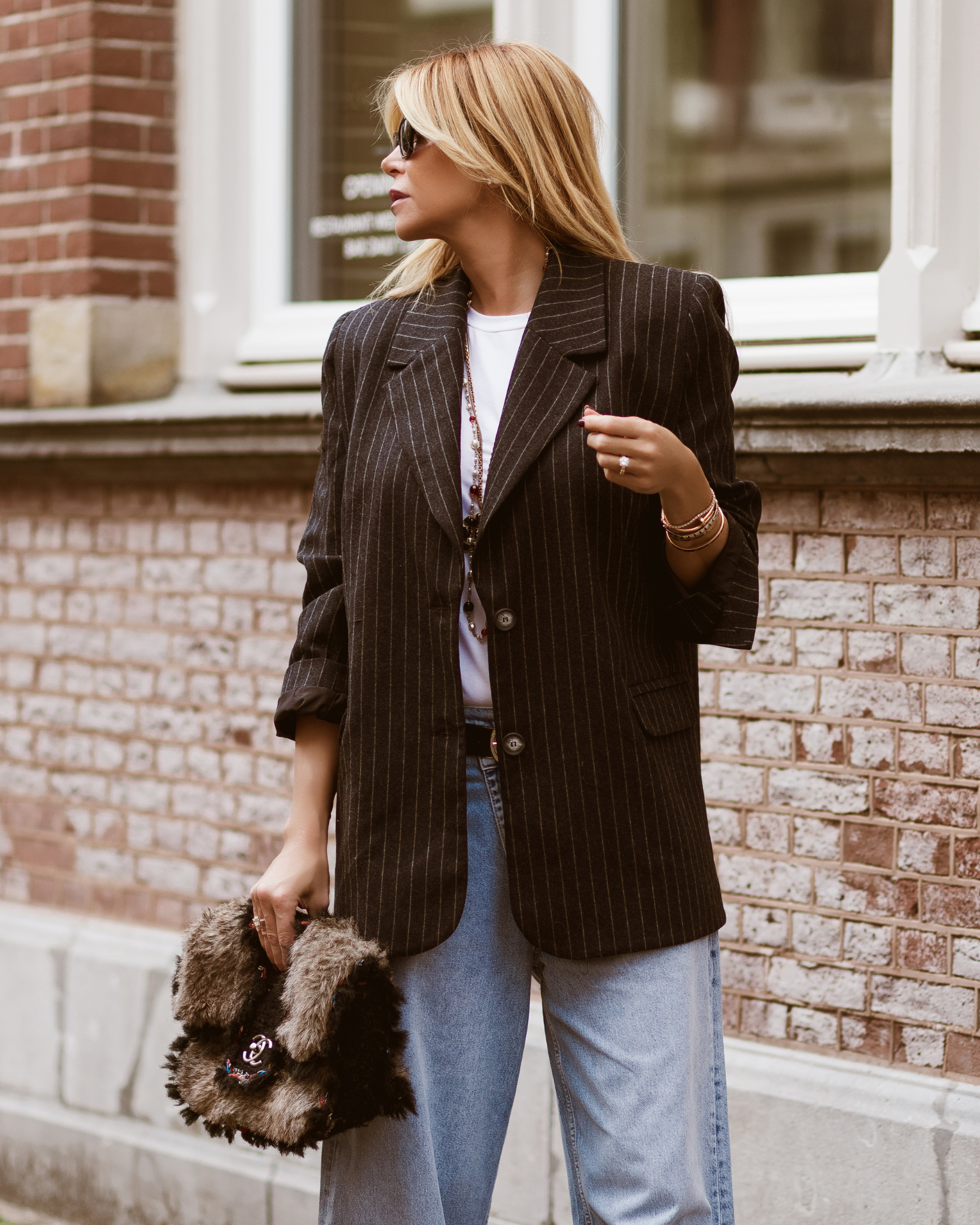 Oversized Striped Blazer - Grey